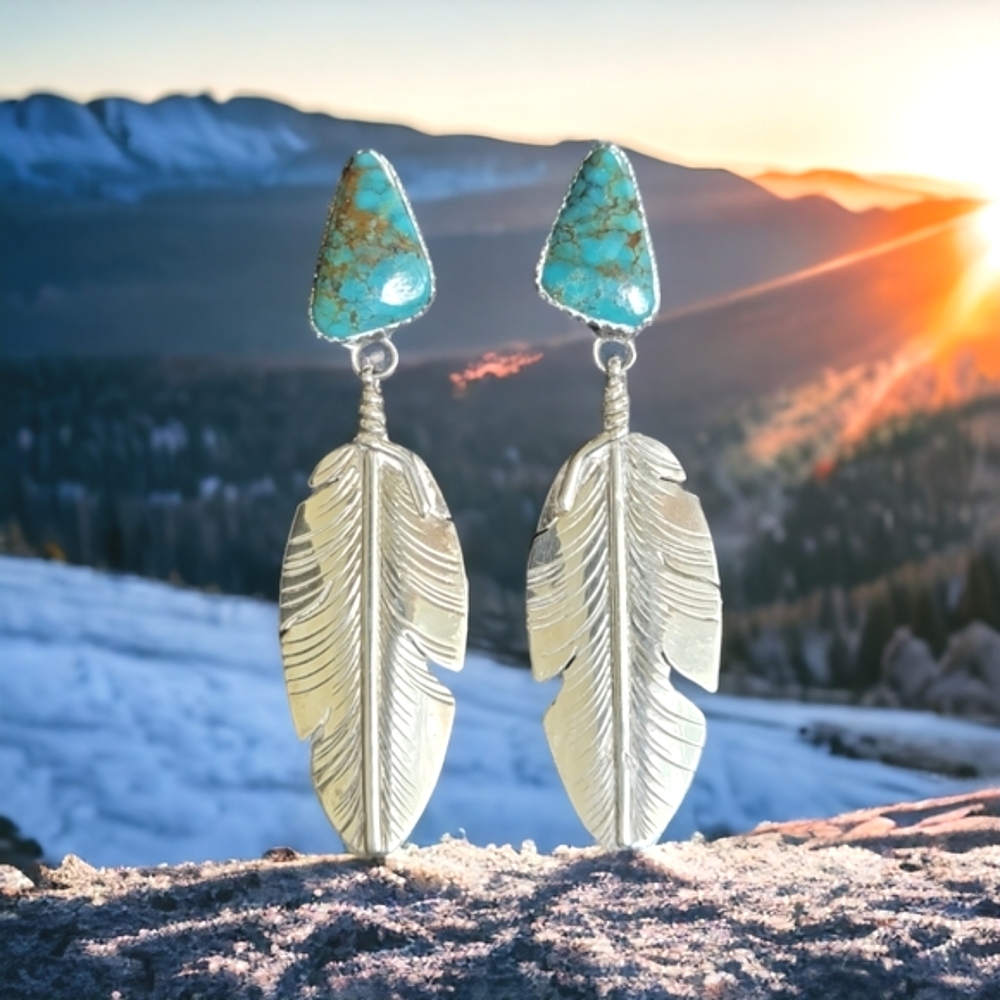 Signed NAVAJO BEN BEGAYE Turquoise Sterling Feather Earrings - Picture 6 of 11